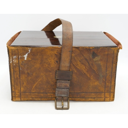 1314 - A Victorian rosewood toilet box with silver plate lidded bottles, âsecretâ draw and leather case... 