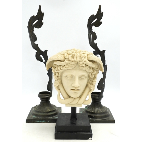 1316 - A decorative resin bust of Medusa and a pair of brass candle stands, 40cm. Condition - fair