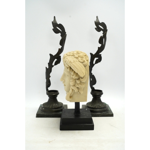 1316 - A decorative resin bust of Medusa and a pair of brass candle stands, 40cm. Condition - fair