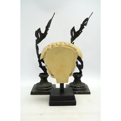 1316 - A decorative resin bust of Medusa and a pair of brass candle stands, 40cm. Condition - fair