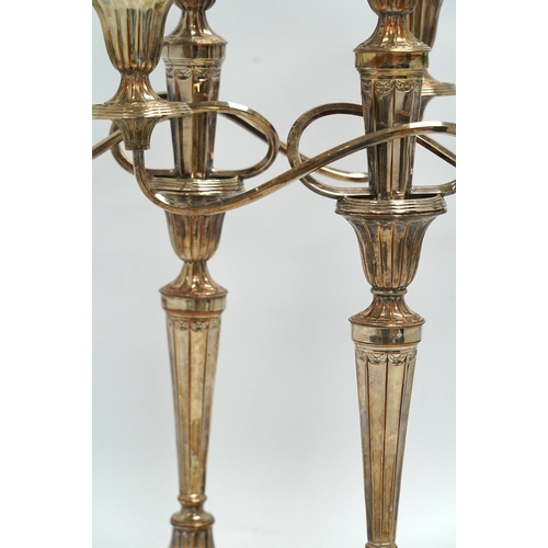 1319 - A pair of 19th century Old Sheffield plate three light, two branch candelabra, 44cm high. Condition ... 