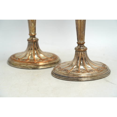 1319 - A pair of 19th century Old Sheffield plate three light, two branch candelabra, 44cm high. Condition ... 