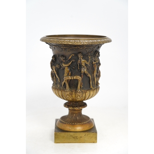 1322 - A mid 19th century bronze campana urn with classical figures, 22cm high. Condition - good