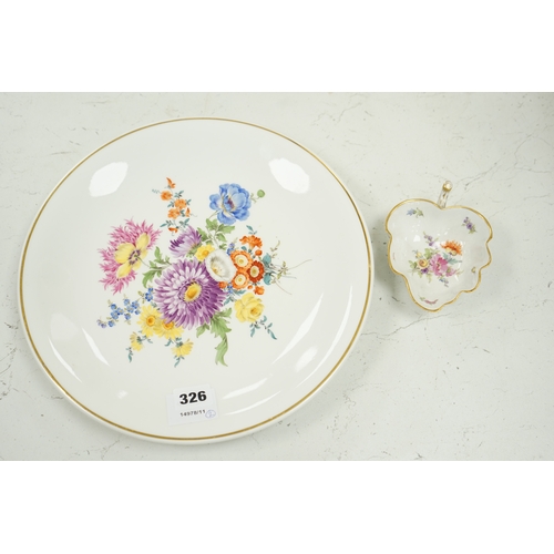 1326 - A 20th century Meissen floral painted dish and a similar leaf pickle dish, 31cm in diameter. Conditi... 