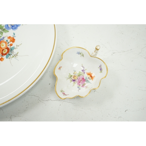 1326 - A 20th century Meissen floral painted dish and a similar leaf pickle dish, 31cm in diameter. Conditi... 