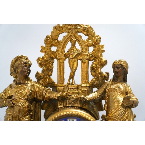 1329 - A large gilt metal figural mantel clock with floral porcelain dial and panels, under a glass dome, 5... 