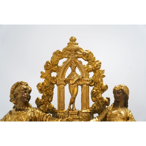 1329 - A large gilt metal figural mantel clock with floral porcelain dial and panels, under a glass dome, 5... 