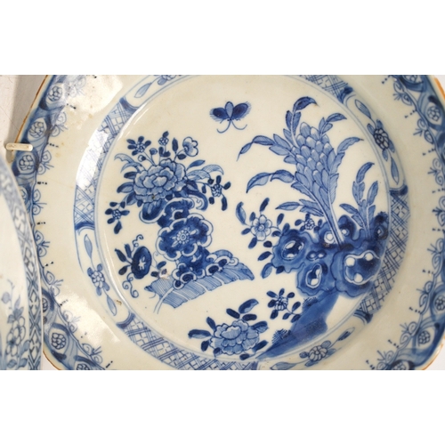 1330 - Four Chinese blue and white export plates and a rice bowl, bowl 24.5cm diameter. Condition - poor to... 