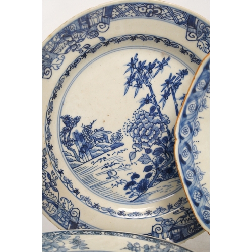 1330 - Four Chinese blue and white export plates and a rice bowl, bowl 24.5cm diameter. Condition - poor to... 