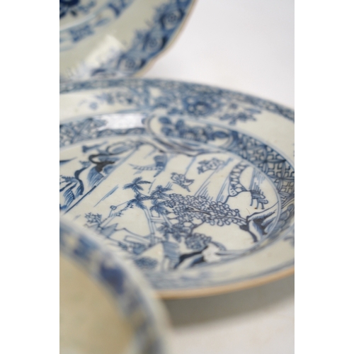 1330 - Four Chinese blue and white export plates and a rice bowl, bowl 24.5cm diameter. Condition - poor to... 