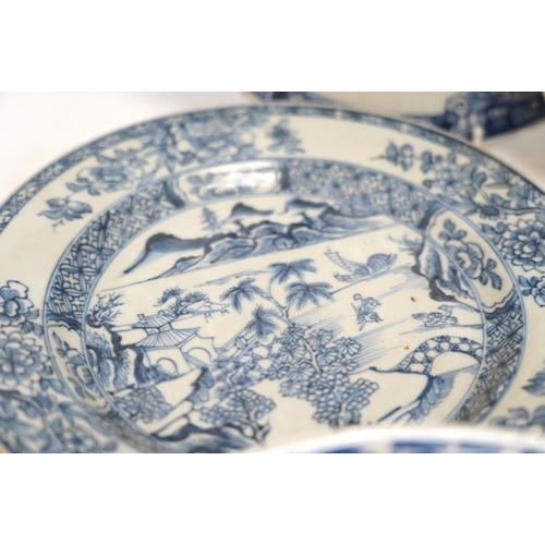 1330 - Four Chinese blue and white export plates and a rice bowl, bowl 24.5cm diameter. Condition - poor to... 