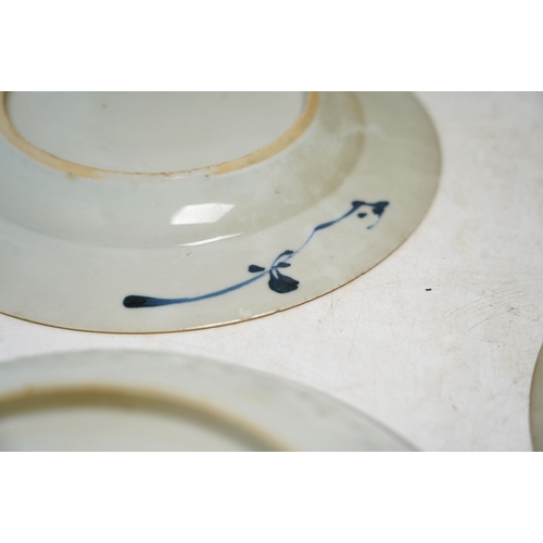 1330 - Four Chinese blue and white export plates and a rice bowl, bowl 24.5cm diameter. Condition - poor to... 