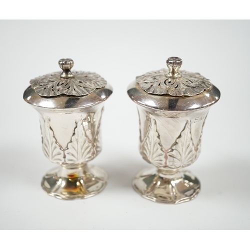 1840 - A pair of Indian? white metal condiments by Lattey Brothers & Co?, with acanthus leaf decoration, 83... 