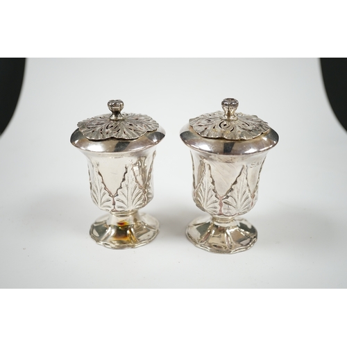 1840 - A pair of Indian? white metal condiments by Lattey Brothers & Co?, with acanthus leaf decoration, 83... 