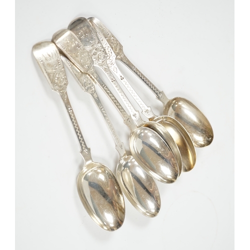 1848 - A set of six Edwardian bright cut engraved silver dessert spoons, Charles T. Maine Ltd, London, 1909... 