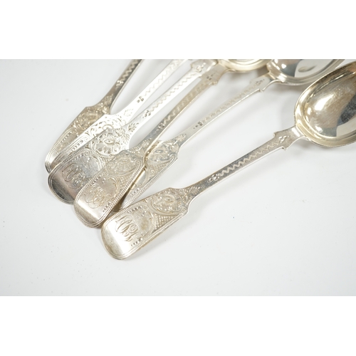 1848 - A set of six Edwardian bright cut engraved silver dessert spoons, Charles T. Maine Ltd, London, 1909... 