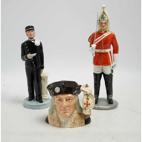 432 - Six Royal Doulton figures including Bunnys Bedtime, The Guardsman and The Lifeguard, together with ... 