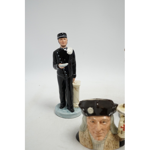 432 - Six Royal Doulton figures including Bunnys Bedtime, The Guardsman and The Lifeguard, together with ... 