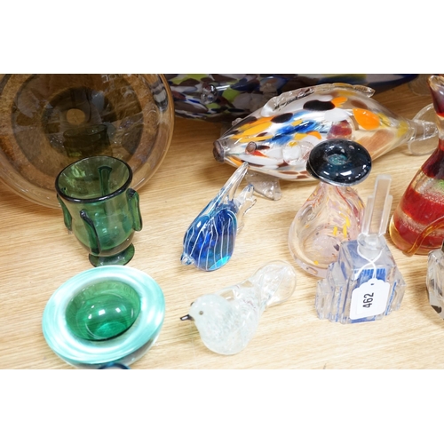 462 - A collection of clear and coloured art glassware, including an Art Deco scent bottle and stopper and... 