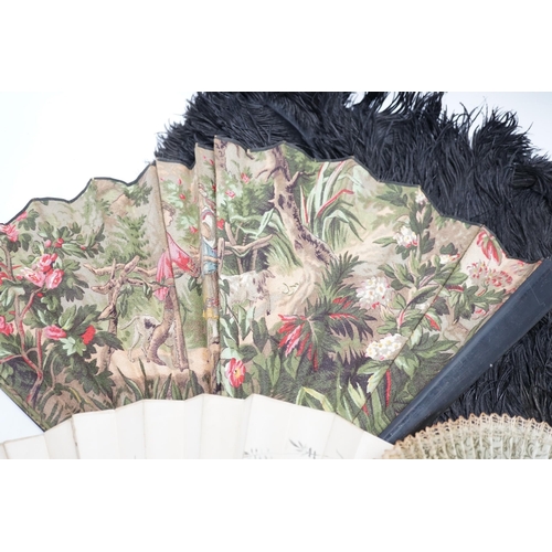 464 - A black ostrich feather and tortoiseshell fan and four others including a carved bone and floral pai... 