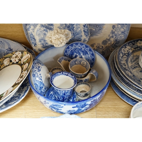 465 - A collection of mixed blue and white dinnerware including Masons Ironstone, mostly plates and jugs. ... 