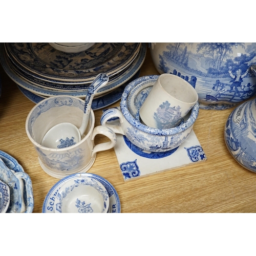 465 - A collection of mixed blue and white dinnerware including Masons Ironstone, mostly plates and jugs. ... 