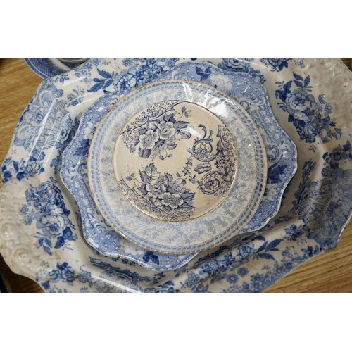 465 - A collection of mixed blue and white dinnerware including Masons Ironstone, mostly plates and jugs. ... 