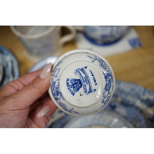 465 - A collection of mixed blue and white dinnerware including Masons Ironstone, mostly plates and jugs. ... 