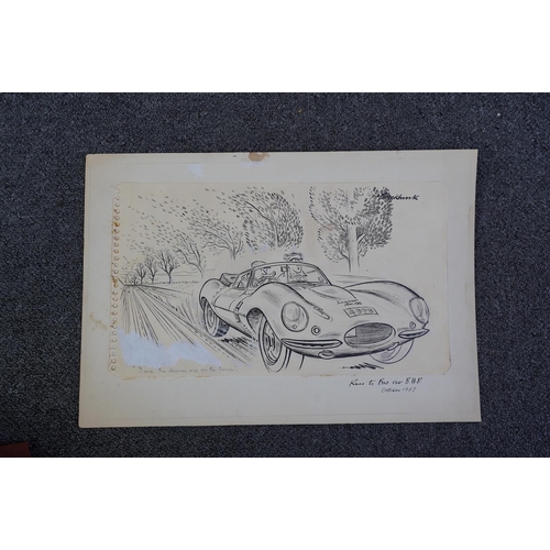 123 - Russell Brockbank (English, 1913-1979) Jaguar XKSS; I see the leaves are on the turn.ink and wash ... 