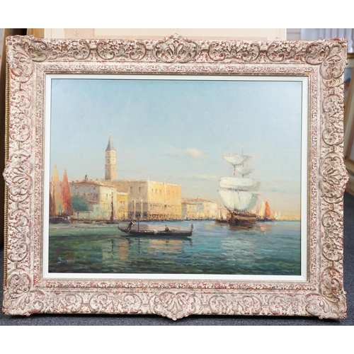 134 - § § Noel Georges Bouvard (French, 1912-1975) Gondola and sailing ship off the Doges Palace, Veniceoi... 