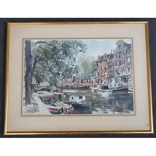 144 - § § Edward Brian Seago RWS RBA (British, 1910-1974) Canal Scene, Amsterdam 1953ink and watercoloursi... 