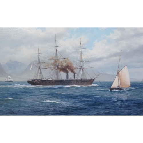 154 - § § John Steven Dews (British, b.1949) HMS Warrior - the first British ironclad (built 1861)oil on c... 