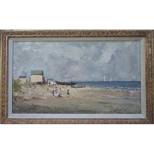 160 - Edward Wesson (English, 1910-1983) 'Holiday beach - Plage de Vacances'oil on boardsigned21 x 37cm... 