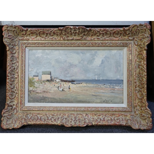 160 - Edward Wesson (English, 1910-1983) 'Holiday beach - Plage de Vacances'oil on boardsigned21 x 37cm... 