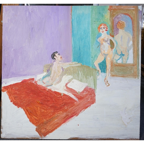 165 - § § Fred Yates (English, 1922-2008) Naked couple in bedroomoil on boardGovernment Legal Department l... 