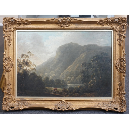 22 - Attributed to Richard Wilson (English, 1714-1782) Mountainous scene with lake, tree and figures cros... 