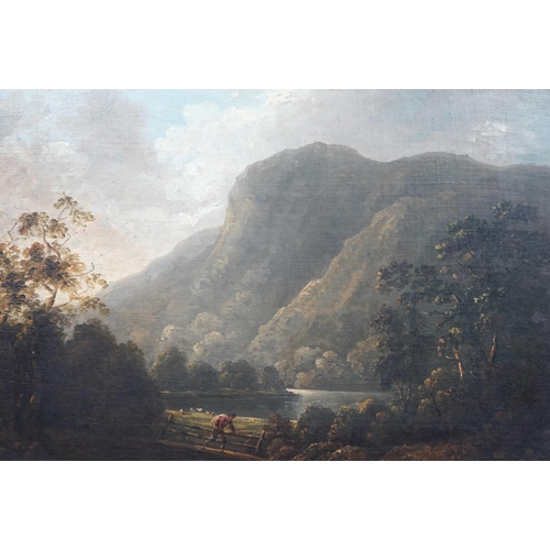 22 - Attributed to Richard Wilson (English, 1714-1782) Mountainous scene with lake, tree and figures cros... 