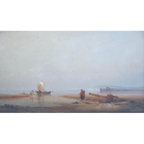 23 - Circle of Richard Parkes Bonington (English, 18021828) Fisherfolk on the shore at low tideoil on wo... 