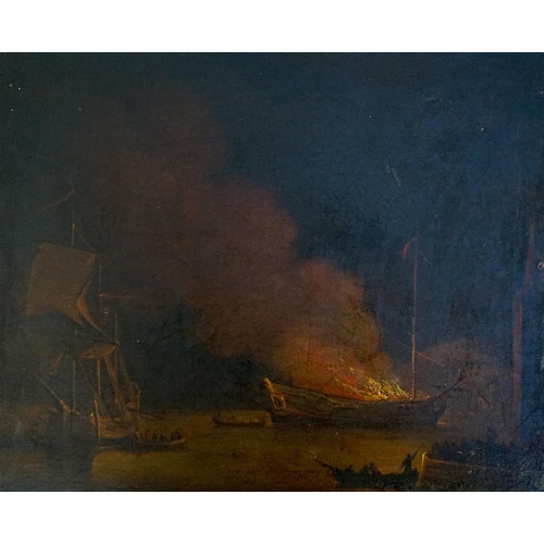 25 - Circle of Thomas Luny (British, 1759-1837) A burning ship at nightoil on canvas24 x 29cm... 