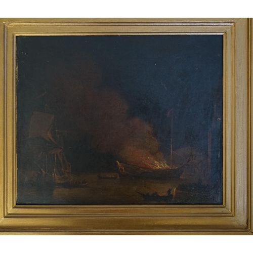 25 - Circle of Thomas Luny (British, 1759-1837) A burning ship at nightoil on canvas24 x 29cm... 