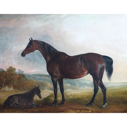 27 - John Ferneley Snr. (British, 1781-1860) Portrait of a bay mare and foal in a landscapeoil on canvass... 