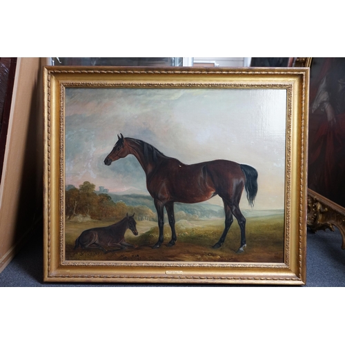 27 - John Ferneley Snr. (British, 1781-1860) Portrait of a bay mare and foal in a landscapeoil on canvass... 