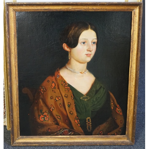 34 - Victorian School Portrait of a lady wearing a pearl necklace and drop earringsoil on canvas57 x 49cm... 