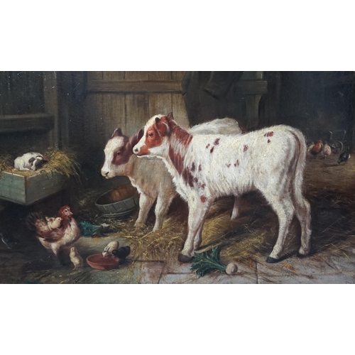 39 - Walter Hunt (1861-1941) Calves, a puppy and poultry in a barnoil on canvas50 x 75cm... 