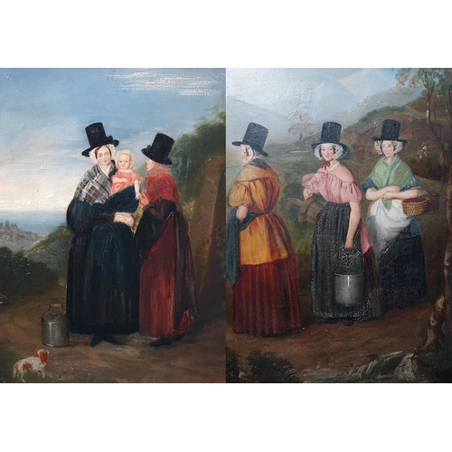 45 - 19th Century Welsh School Welsh women in landscapesoil on board, a pair35 x 25cm... 