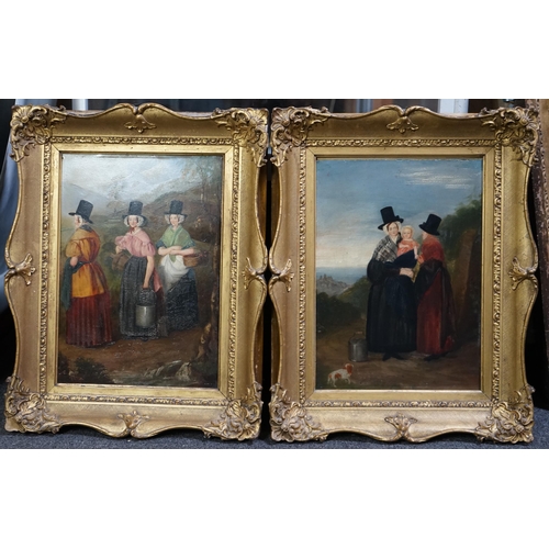 45 - 19th Century Welsh School Welsh women in landscapesoil on board, a pair35 x 25cm... 