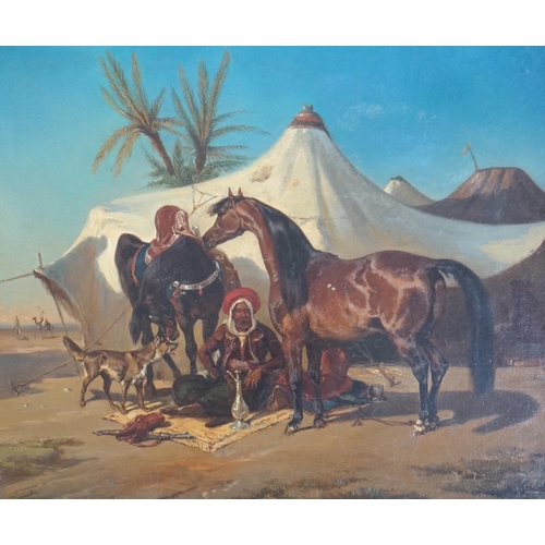 47 - Joseph Zéphyris Gengembre (French, 1818-1870) Encampment in the desert with seated Arab warrior and ... 