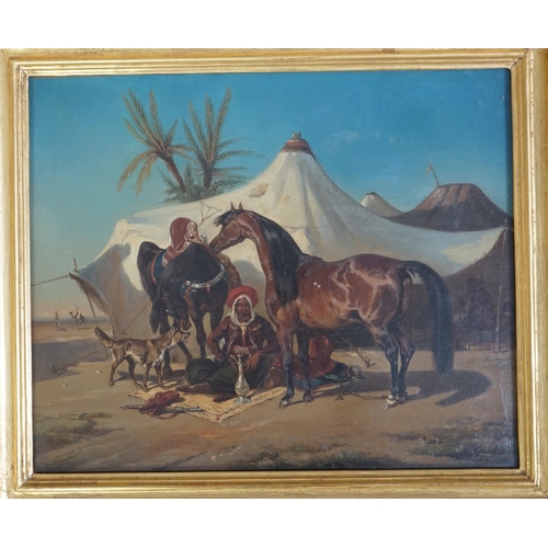 47 - Joseph Zéphyris Gengembre (French, 1818-1870) Encampment in the desert with seated Arab warrior and ... 