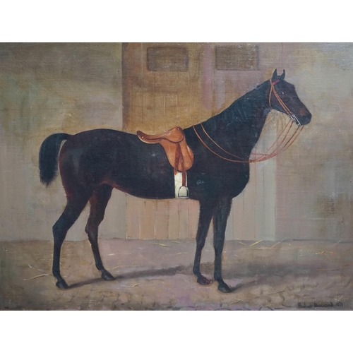 48 - Hubert Henrard (Belgian, 1816-1898) Portrait of a saddled horse in a stableoil on canvassigned and d... 