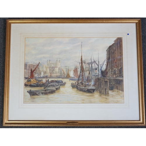 77 - Herbert Marshall (1841-1913) The Tower from the Thames and two London street sceneswatercolours (3)s... 